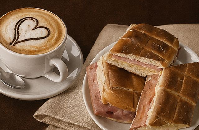 Café con latte art en forma de corazón junto a medialunas
