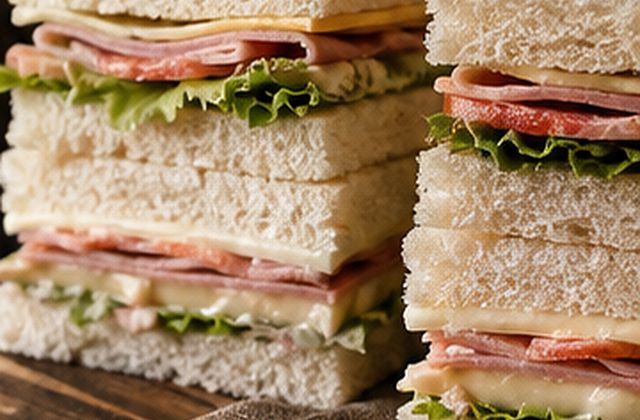 Pila de sándwiches de miga con jamón, queso, tomate y lechuga